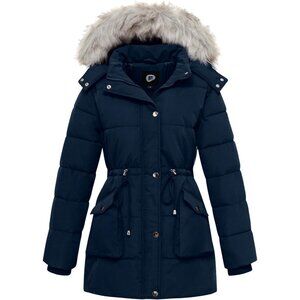 Women's Long Winter Warm Waterproof Quilted Puffer Jacket Coat Navy Fabric